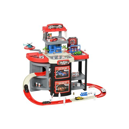 Qaba City Garage Playset with 65 Accessories 2 in 1 Design Children Trolley Car Ramp Toy Set with 6 Mini Racer Cars Gifts for Kids Ages 3-6 Years Old