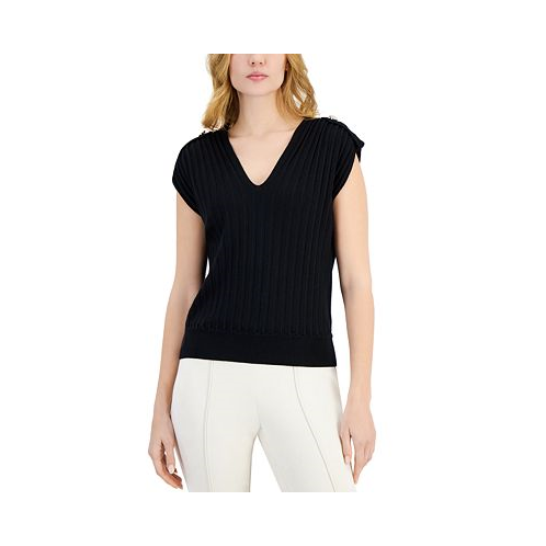 T Tahari Womens V-Neck Ribbed Button-Shoulder Cap-Sleeve Sweater