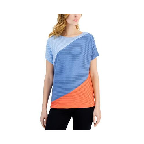 T Tahari Womens Short Sleeve Colorblocked Ribbed Crewneck Sweater