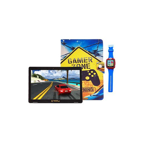 LINSAY New 10.1 Tablet Octa Core 128GB Bundle with Gamer Style Case and Kids Smart Watch Selfie & Camera BLUE Newest Android 13