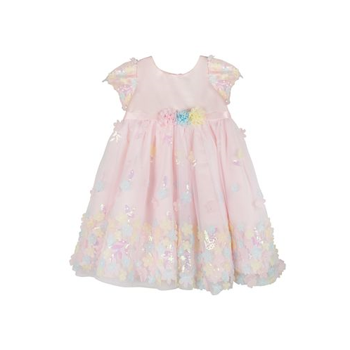 Rare Editions Baby Girls Short Sleeves Iridescent 3D Floral Social Dress