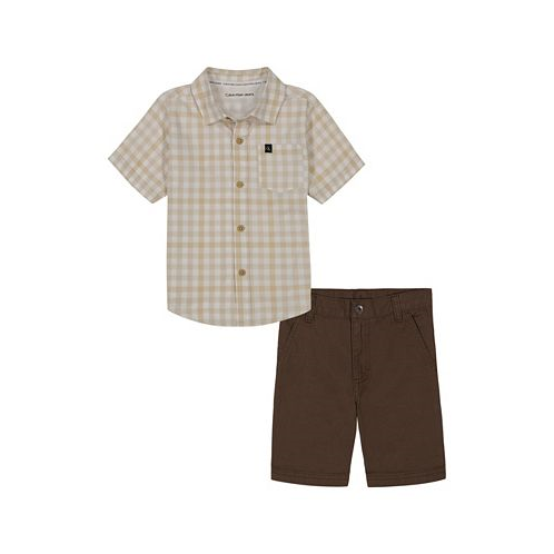 Calvin Klein Little Boys Plaid Short Sleeve Button-Up Shirt and Twill Shorts 2 Piece Set