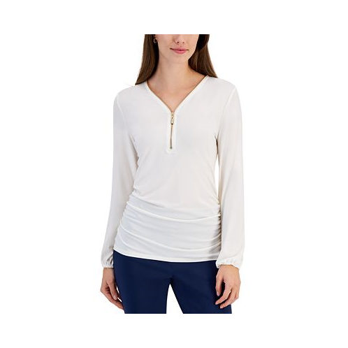 JM Collection Womens Zip V-Neck Ruched Front Top