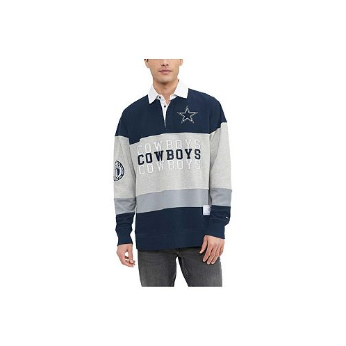 Tommy Hilfiger Mens Heather Gray Navy Dallas Cowboys Connor Oversized Rugby Long Sleeve Polo Shirt