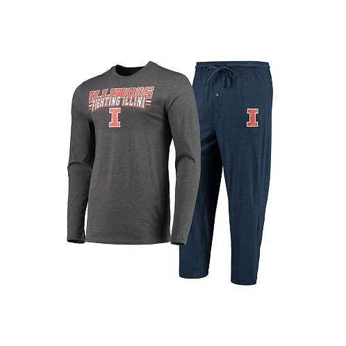 Concepts Sport Mens Navy Heathered Charcoal Distressed Illinois Fighting Illini Meter Long Sleeve T-shirt and Pants Sleep Set