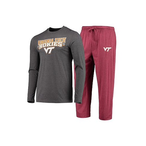 Concepts Sport Mens Maroon Heathered Charcoal Distressed Virginia Tech Hokies Meter Long Sleeve T-shirt and Pants Sleep Set