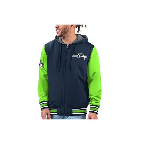 G-III Sports by Carl Banks Mens Navy Neon Green Seattle Seahawks Commemorative Reversible Full-Zip Jacket