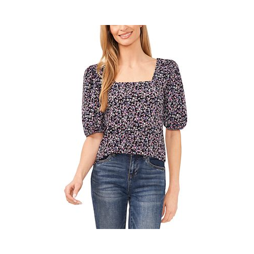 CeCe Womens Floral Print Square Neck Puff-Sleeve Knit Top