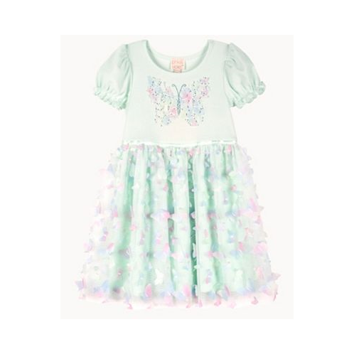 Pink & Violet Little Girls Solid Rib Bubble Sleeve Bodice with Butterfly Glitter Screen and 3D Butterfly Skirt Dress