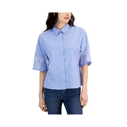 Nautica Jeans Womens Cotton Embroidered-Sleeve Boxy Shirt