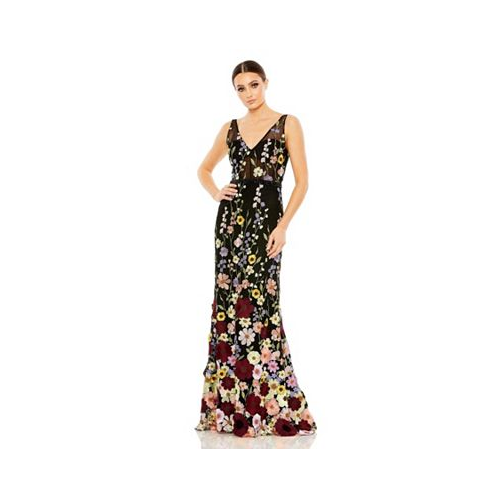 Mac Duggal Womens Embroidered Tulle Sleeveless V Neck Gown
