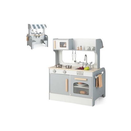 Slickblue Double Sided Kids Pretend Kitchen Playset with 2-Seat Cafe-Grey