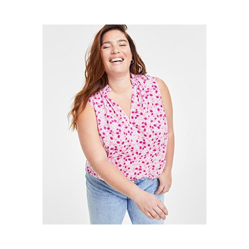 On 34th Trendy Plus Size Floral-Print Smocked-Trim Top
