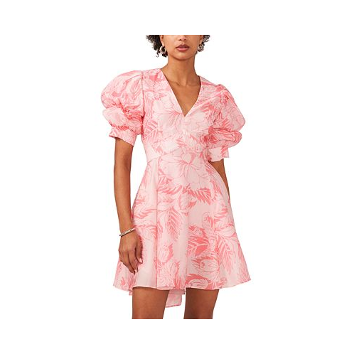 1.STATE Womens Printed V-Neck Tiered Bubble Puff Sleeve Mini Dress