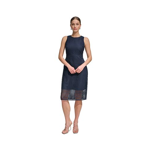 DKNY Womens Sleeveless Grid Lace Sheath Dress