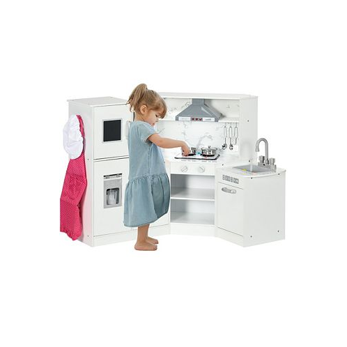 Qaba Play Kitchen Set for Kids Kids Kitchen Play set with Lights Sounds Apron and Chef Hat Ice Maker Detachable Wash Basin Utensils Range Hood Ages 3-6 Years Old