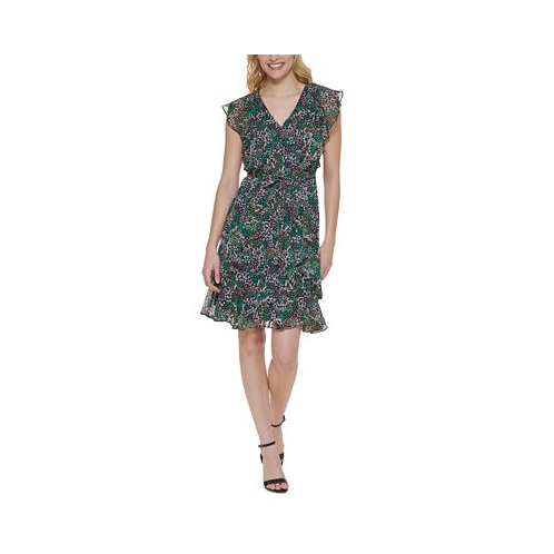 Tommy Hilfiger Womens Ruffled Floral Print Fit & Flare Dress