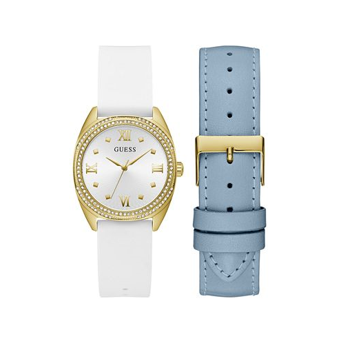 GUESS Womens Analog White Silicone and Blue Genuine Leather Watch Set 34mm