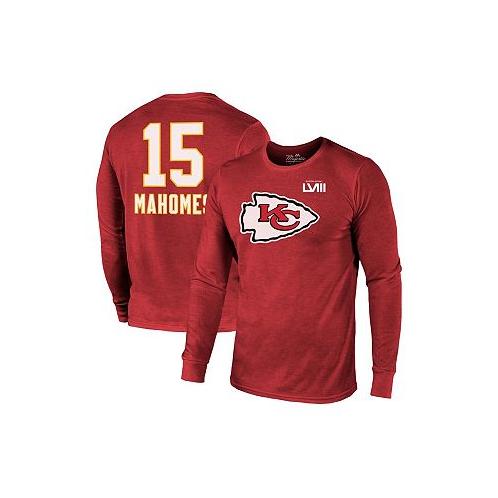 Majestic Mens Threads Patrick Mahomes Red Kansas City Chiefs Super Bowl LVIII Name and Number Tri-Blend Long Sleeve T-shirt