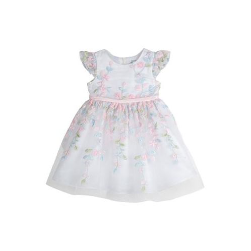 Rare Editions Baby Girls Floral Embroidered Mesh Social Dress with Diaper Cover