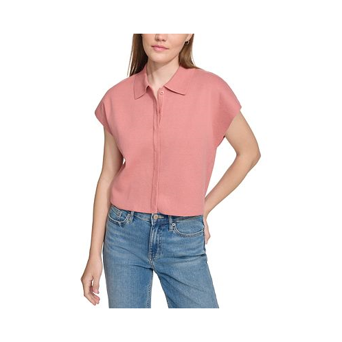 Calvin Klein Jeans Womens Extended-Shoulder Covered-Placket Top