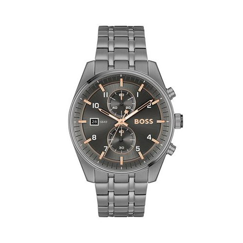 Hugo Boss Mens Skytraveller Quartz Fashion Chrono Ionic Plated Gray Steel Watch 44mm