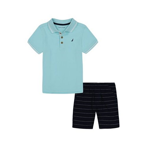 Nautica Little Boys Tipped Pique Polo Shirt and Oxford Stripe Shorts 2 Pc Set