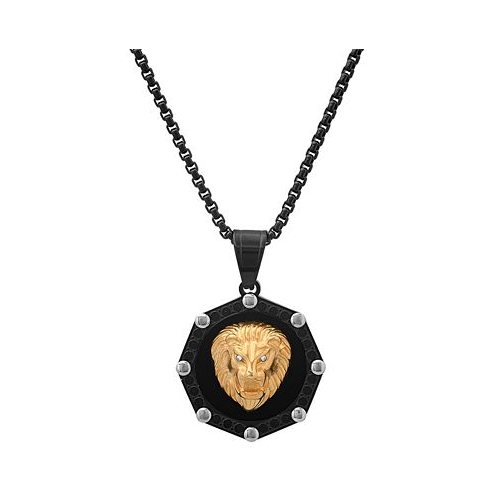 STEELTIME Mens Two-Tone Stainless Steel Simulated Diamond Lion Head Greek Accent 24 Pendant Necklace