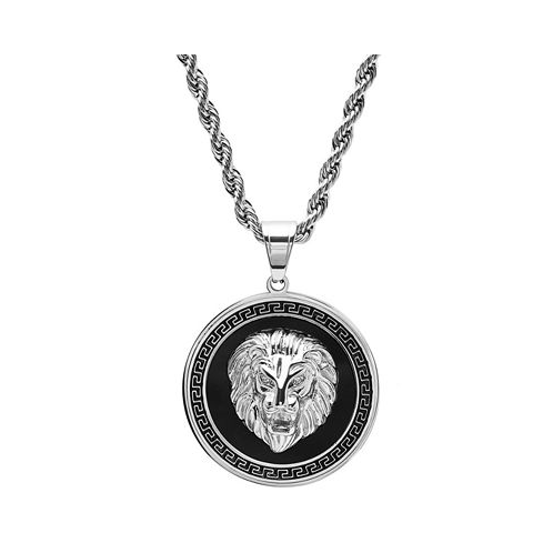STEELTIME Mens Two-Tone Stainless Steel Simulated Diamond Lion Head On Greek Key Mount 24 Pendant Necklace
