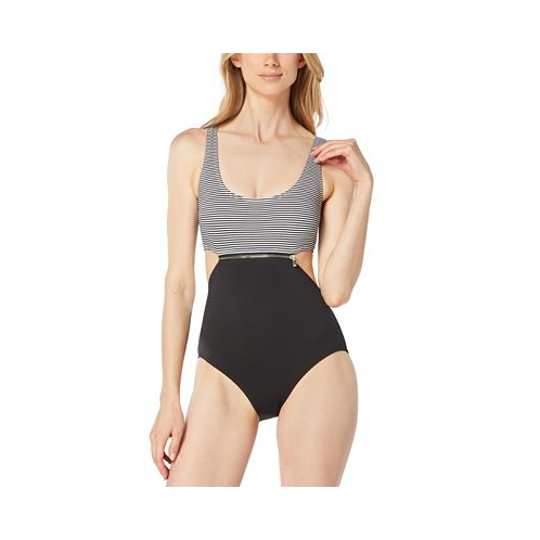 Michael Kors Womens Zip-Detail Striped-Top One-Piece Swimsuit
