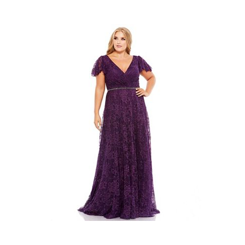 Mac Duggal Womens Plus Size Embellished Flutter Sleeve Evening Gown