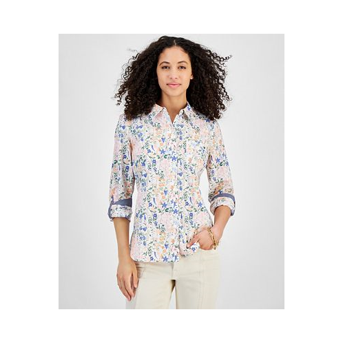 Tommy Hilfiger Womens Sea Garden Cotton Roll-Tab-Sleeve Shirt