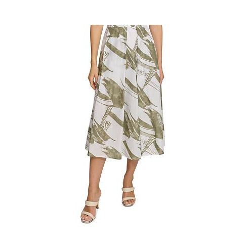 DKNY Womens Printed Pleated Cotton Voile Midi Skirt