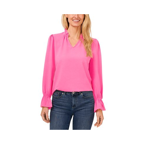 CeCe Womens V-Neck Long Sleeve Ruffle Trim Blouse