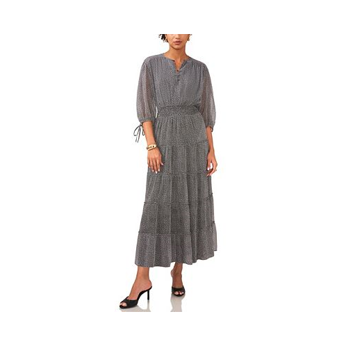 1.STATE Womens Printed Pintuck 3/4-Sleeve Tiered Maxi Dress