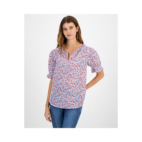 Tommy Hilfiger Womens Cotton Floral-Print Ruffled-Cuff Top