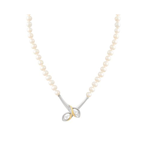 Macys Cultured Freshwater Pearl (4-1/2mm & 7 x 5mm) & Diamond (1/20 ct. t.w.) Flower Bud Inspired 17-1/2 Pendant Necklace in Sterling Silver & 14k Gold