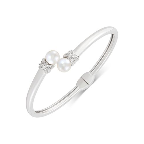 Macys Cultured Freshwater Pearl (7-1/2mm) & Lab-Created White Sapphire (1/4 ct. t.w.) Bypass Bangle Bracelet in Sterling Silver