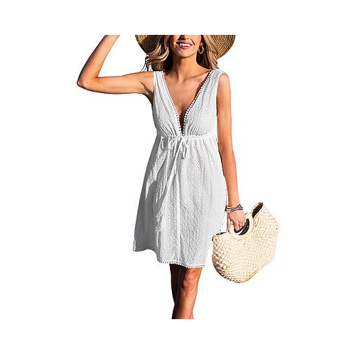 CUPSHE Womens White Tassel Eyelet Cover-up Beach Dress