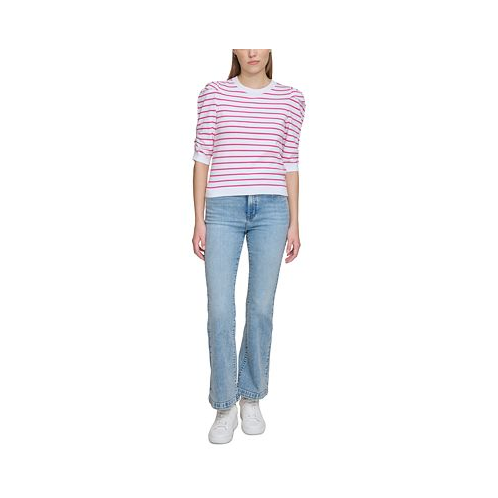 DKNY Jeans Womens Striped Ruched-Sleeve Crewneck Top