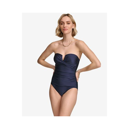 Calvin Klein Womens Shirred Tummy-Control Split-Cup Bandeau One-Piece Swimsuit