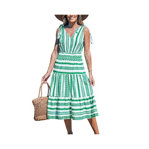 CUPSHE Womens Green & White Geo Stripe Shoulder Tie Midi Beach Dress