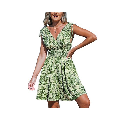 CUPSHE Womens Green Damask Sleeveless Smocked Waist Mini Beach Dress