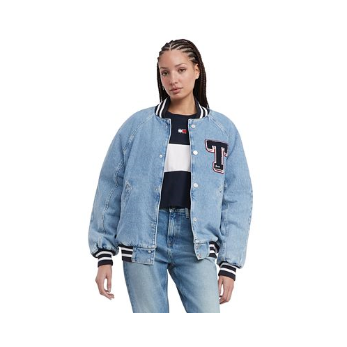 Tommy Jeans Womens Denim Snap-Front Cotton Letterman Jacket