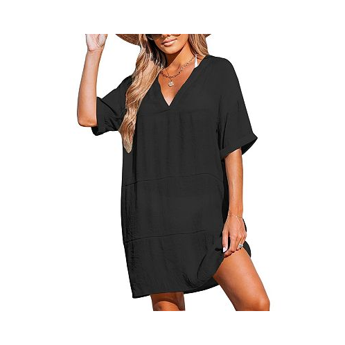 CUPSHE Womens Tan Loose-Fit V-Neck Cover-Up Dress