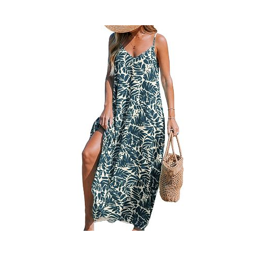 CUPSHE Womens Blue Tropical Sleeveless V-Neck Maxi Beach Dress