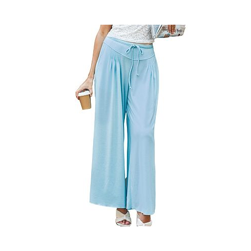 CUPSHE Womens Light Blue Pintuck Wide Leg Jersey Pants