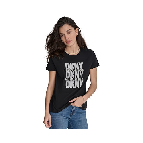 DKNY Jeans DKNY Womens Glitter Stencil Logo Graphic T-Shirt