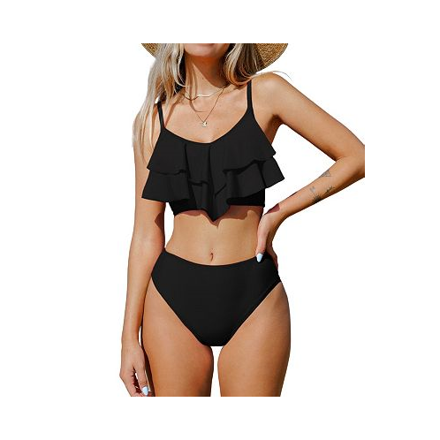 CUPSHE Womens V-Neck Ruffled Top & High Waist Bikini Set