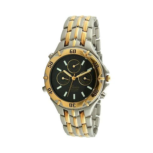 Swiss Edition Mens Two Tone Silver and 23K Gold Plated Multifunction Black Dial Gold Sports Bezel Dress Watch
